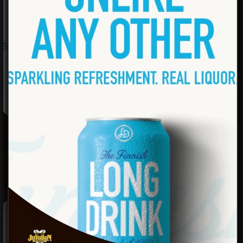 A blue can of "The Finnish Long Drink" with condensation, against a white background with blue text.